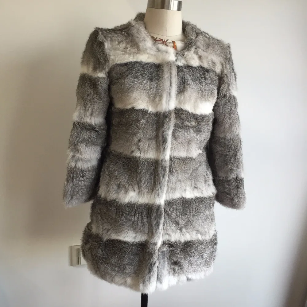 Новинка 2019 модная женская куртка из натурального кроличьего меха в полоску