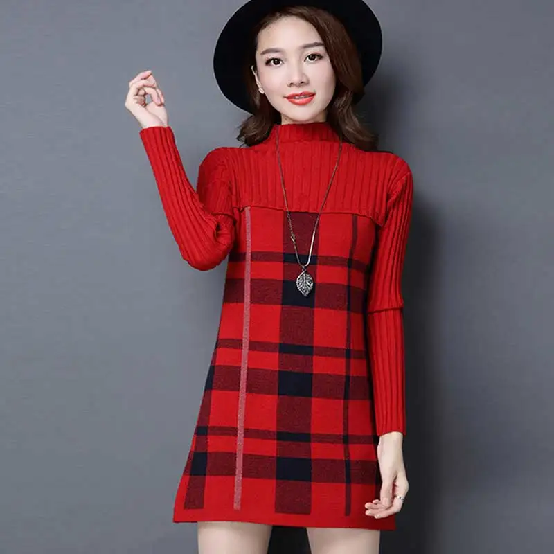UPPIN 2017 New Loose Women Autumn Winter Dress Turtleneck Long Sleeve Plaid Knitted Sweater Female Warm Sweaters Pullovers | Женская