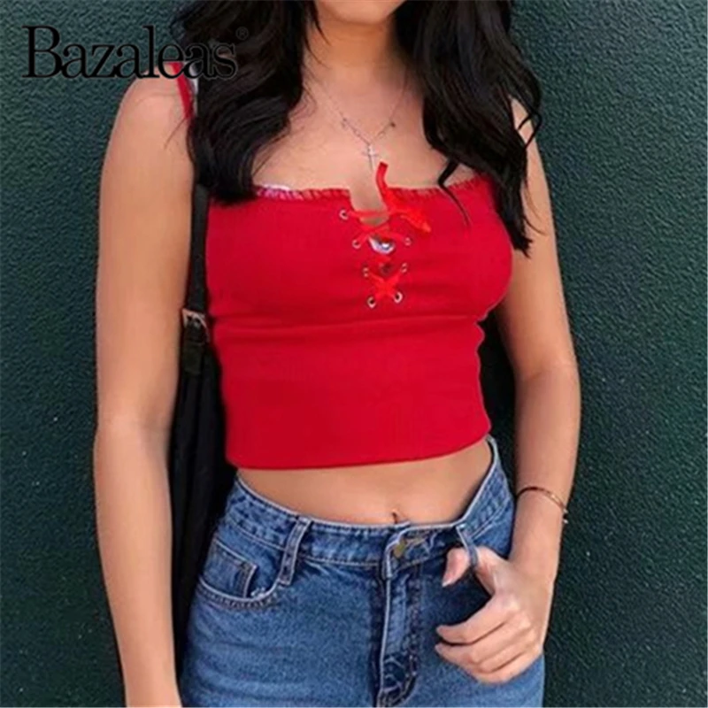Пикантная красная модная облегающая женская майка Bazaleas укороченная с