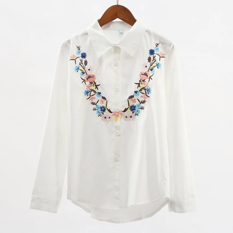 2017 Europe Top Blouse shirt Women Cotton Floral Embroidery Long Sleeve Casual Loose White tops Female |