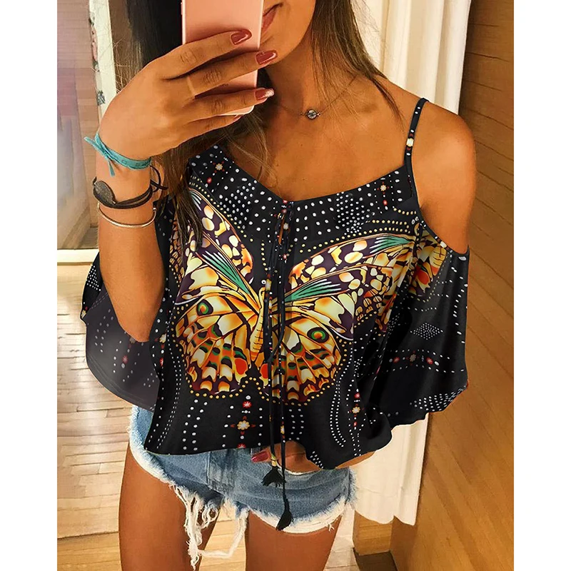 

Cold Shoulder Butterfly Print top Shirt Women 3/4 Sleeve Casual loose Black Summer Tops 2019 Elegant Fashion Blusas Femme