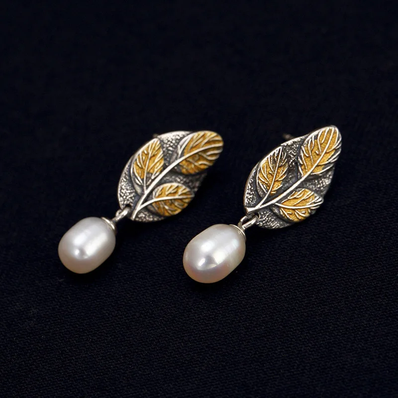 

Fashion Elegance Pearl Stud Earrings For Lady,100 % 925 Pure Silver Vintage Leaf Top Grade Pearl Earrings Fine Jewels For Gift