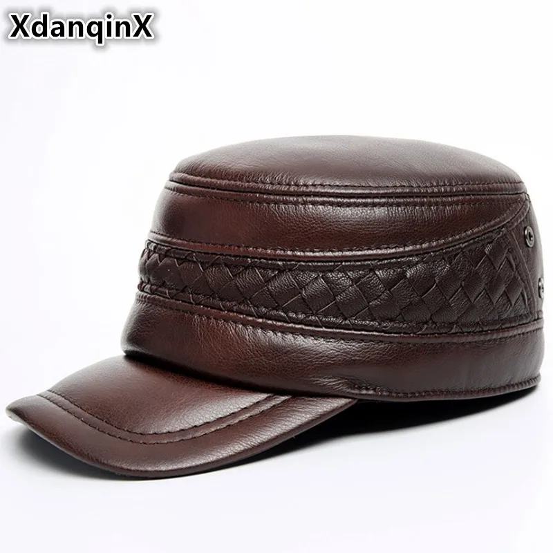 

XdanqinX Genuine Leather Hat Autumn Winter Men's Cowhide Military Hats With Ears Adjustable Size Flat Cap Male Bone Snapback Cap