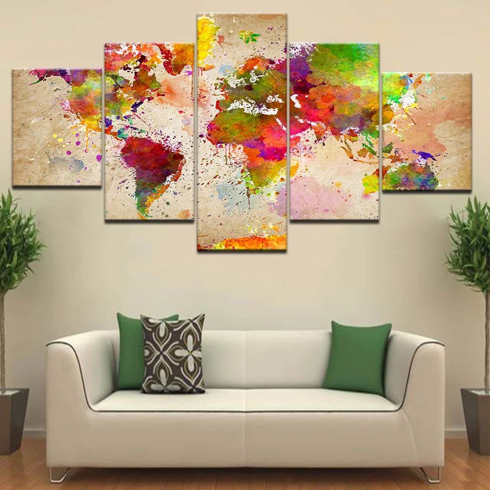 

Home Decor Framed HD Printed Living Room Abstract Pictures 5 Piece Color World Map Painting Wall Art Canvas Modular Poster