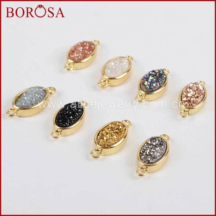 BOROSA Oval Gold Bezel Natural Stone Titanium Rainbow Druzy Connector Double Bails Drusy Necklace Making ZG0142 | Украшения и