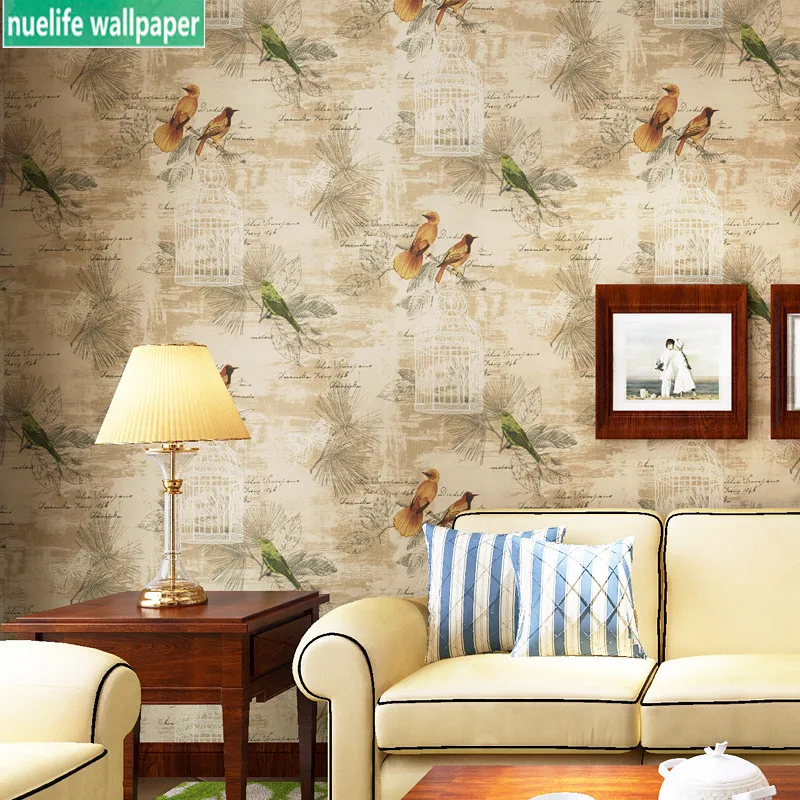 

Europe and America retro nostalgic country solid color paper wallpaper green safe bedroom bedside TV background bird wallpaper