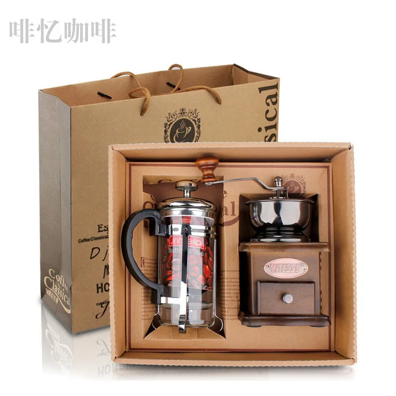 Manual Coffee Maker Set with Wooden Coffee Bean Grinder and French Press Pot Coffee Utensil Activity Gifts Mini Coffee Machine