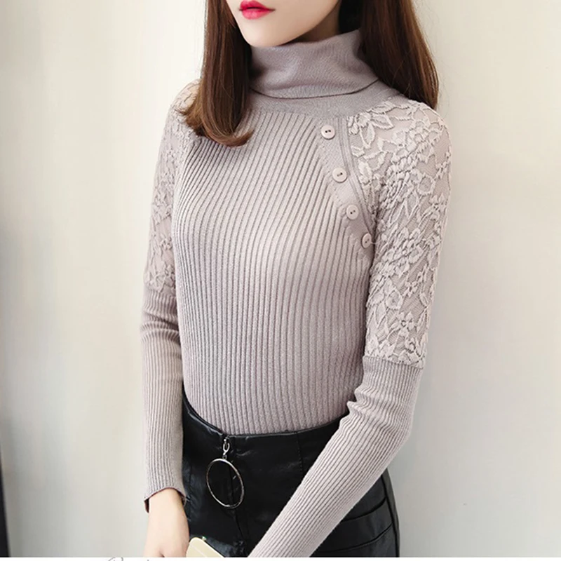 Autumn Winter Women Turtleneck Sweater New Lace Panel Long Sleeve Pullover Pull Knit Bottoming Shirt Elegant Female Tops | Женская