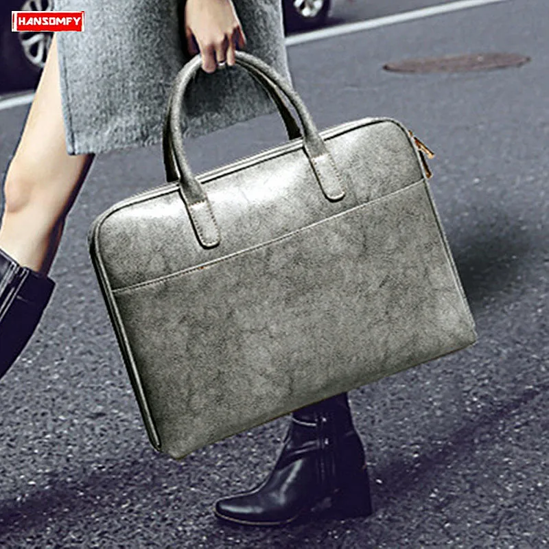 New Genuine Leather Women Handbags Ladies 14 Inch Laptop Bag Official Business Briefcase Smooth Leather Shoulder Crossbody Bags