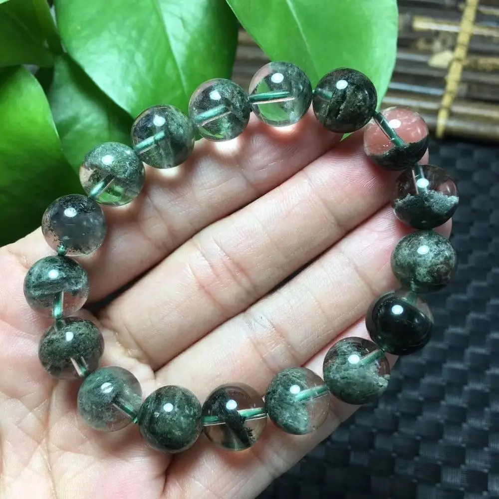 

11mm Natural Clear Quartz Green Phantom Crystal Gemstone Round Beads Bracelet