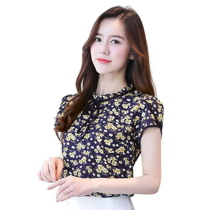 RibbonFish Women Spring Summer Style Chiffon Blouses Shirts Short Sleeve Flower Printed Bow Tie Decor Blusas Top Feminina DF1265 | Женская