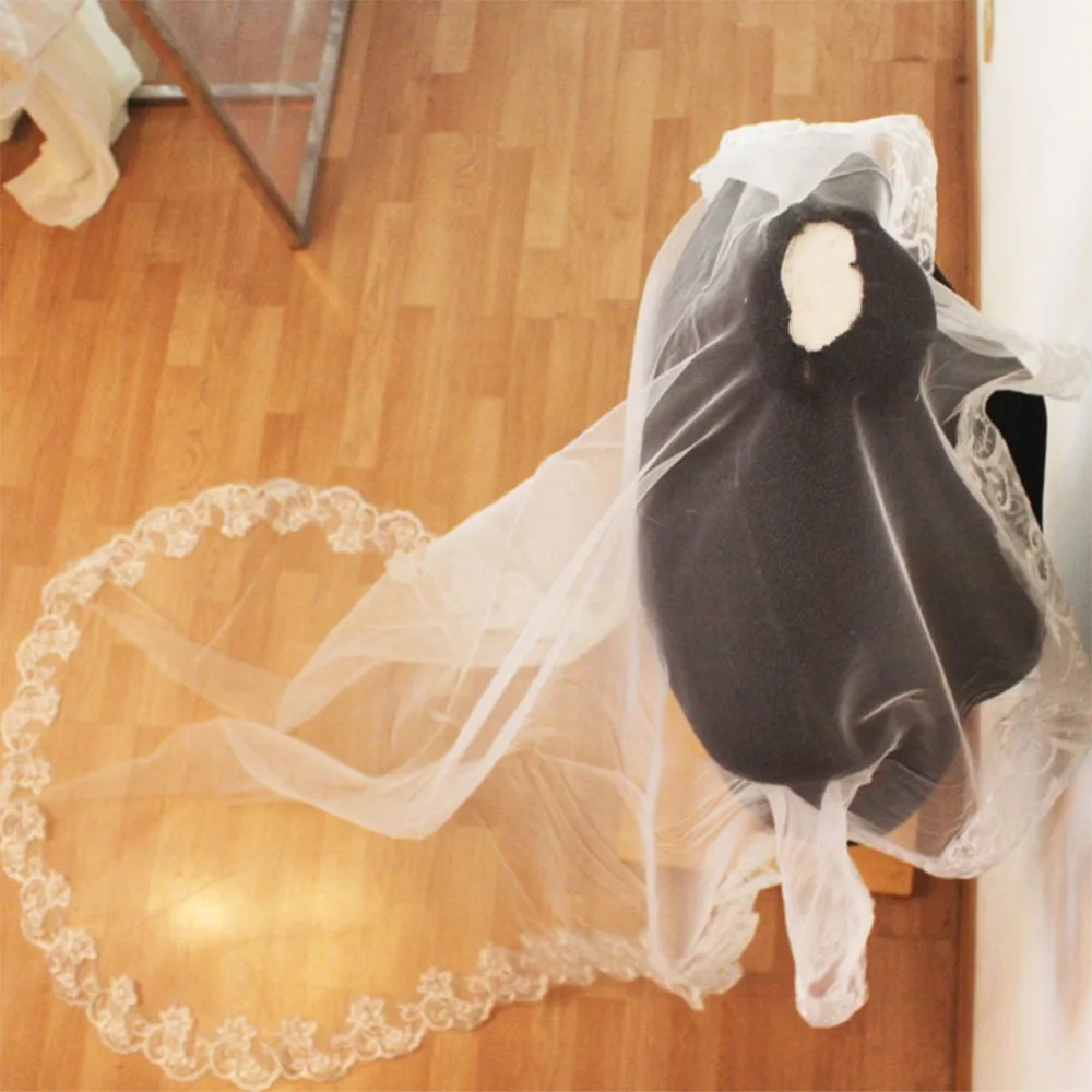 Voile Mariage 3M One Layer Lace Edge White Ivory Cathedral Wedding Veil Long Bridal Cheap Accessories Veu De Noiva | Свадьбы и