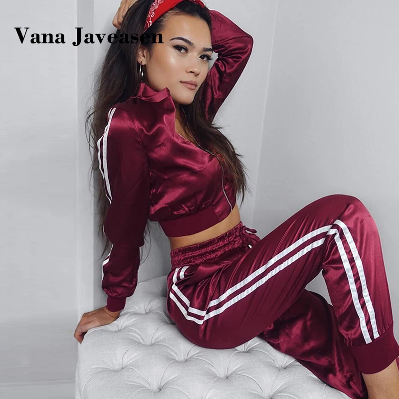 Vana Javeasen Autumn Winter Satin Sets Women Zipper Side Stripe Crop Tops Drawstring Calf Length Pants Sexy Workout Tracksuits |