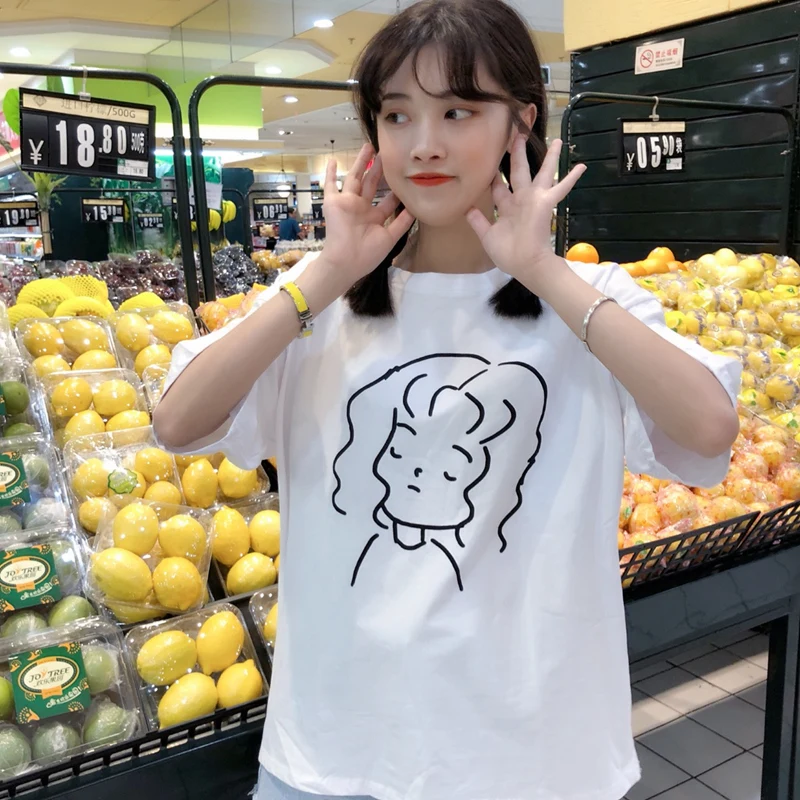 Летние женские свободные футболки с мультяшным принтом для девушек корейские