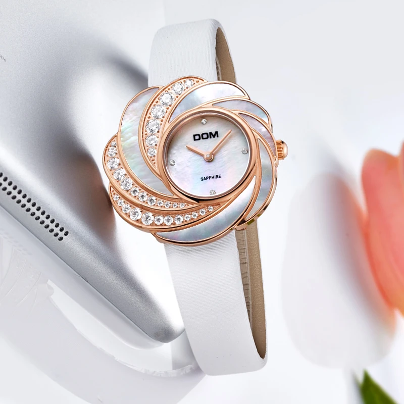 Женские кварцевые часы DOM роскошные брендовые водонепроницаемые с кожаным