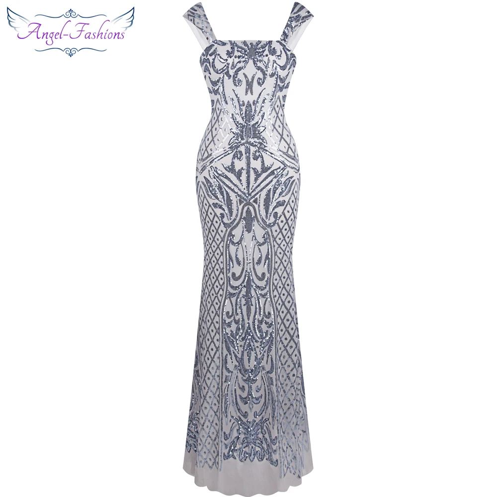Angel Fashion Винтаж Гэтсби Хлопушка блесток Русалка длинное вечернее платье Серебро