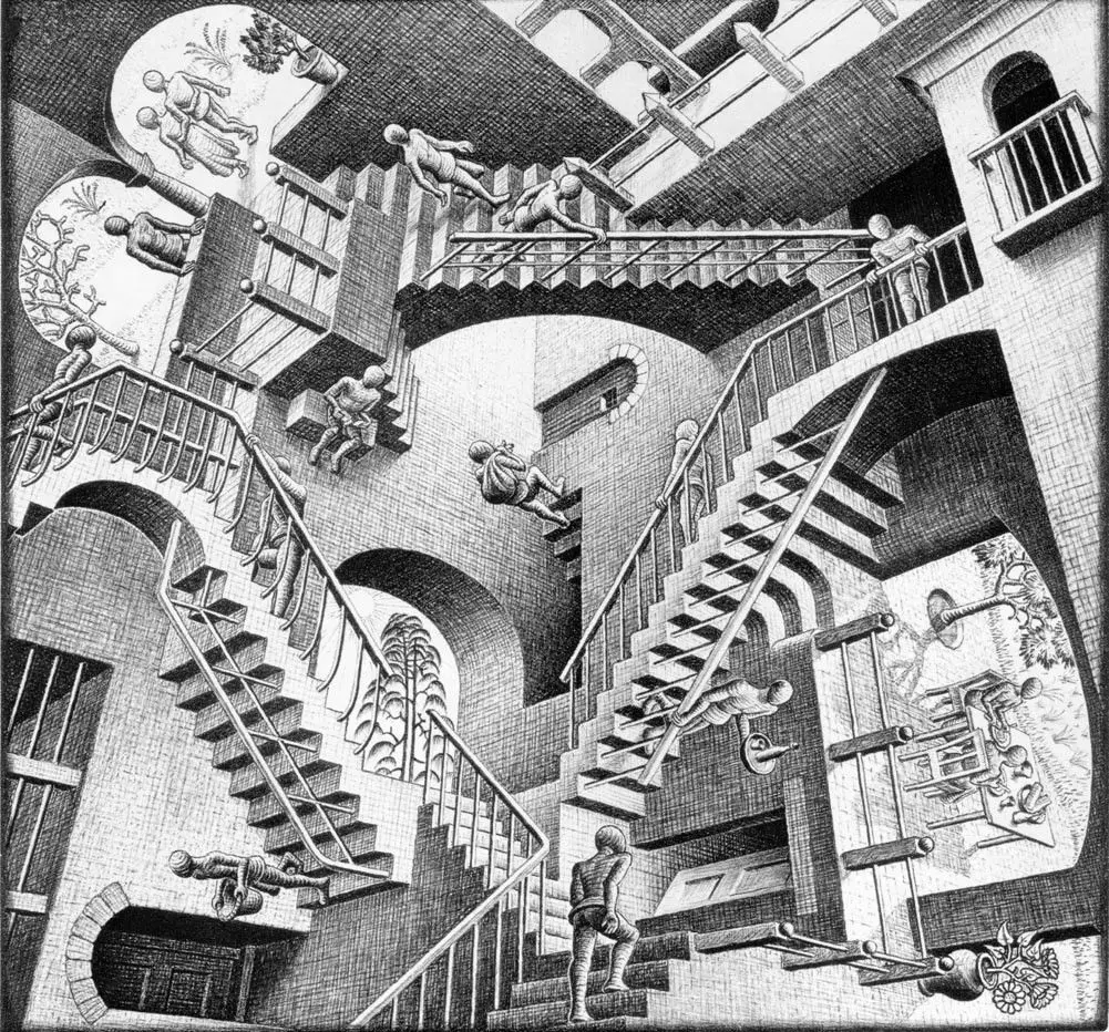 

M C Escher Relativity Optical Illusion Drawing Fabric poster 24" x24" Decor 04