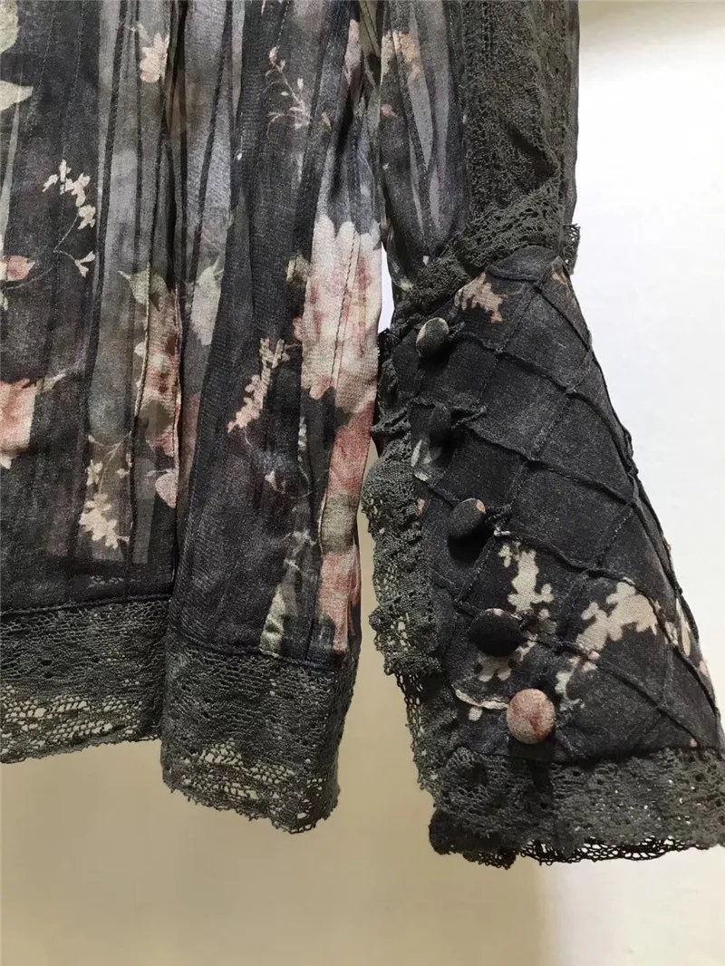 2019 spring new arrive silk women blouse floral print lace full sleeve blouse&ampshirts |