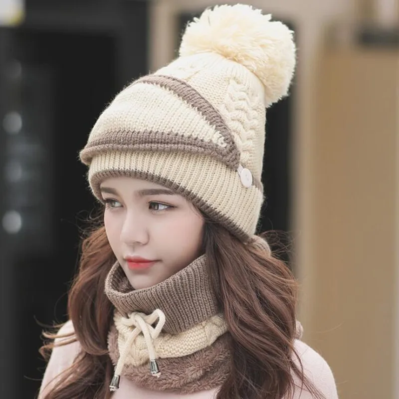 New High quality Women Thickened Winter Knitted Warm Skiing Cycling Hiking Caps Multi Functional Thermal Hats Scarf Mask Set | Спорт и