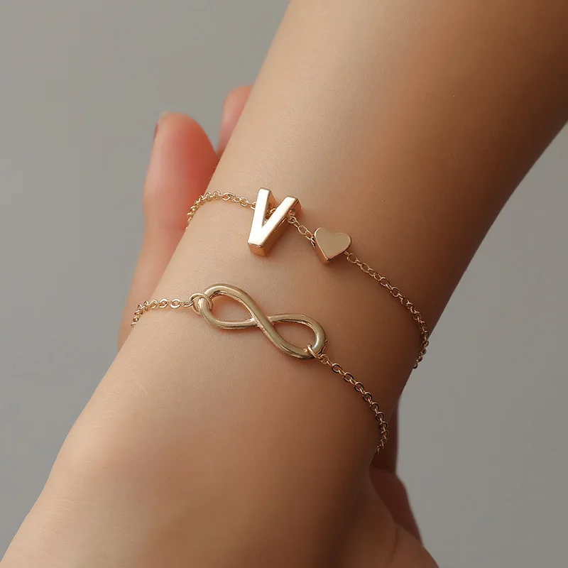 Double Thin Chains 26 Letters 8 Shaped Little Love Heart Charms Silver Plated Golden Anklets For Women Girls | Украшения и