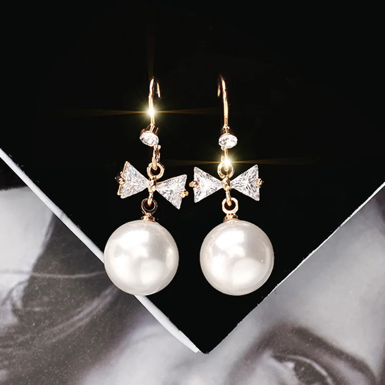 Korean delicate zircon bow earrings feminine temperament girl heart Pearl eardrops simple short hair Earrings | Украшения и