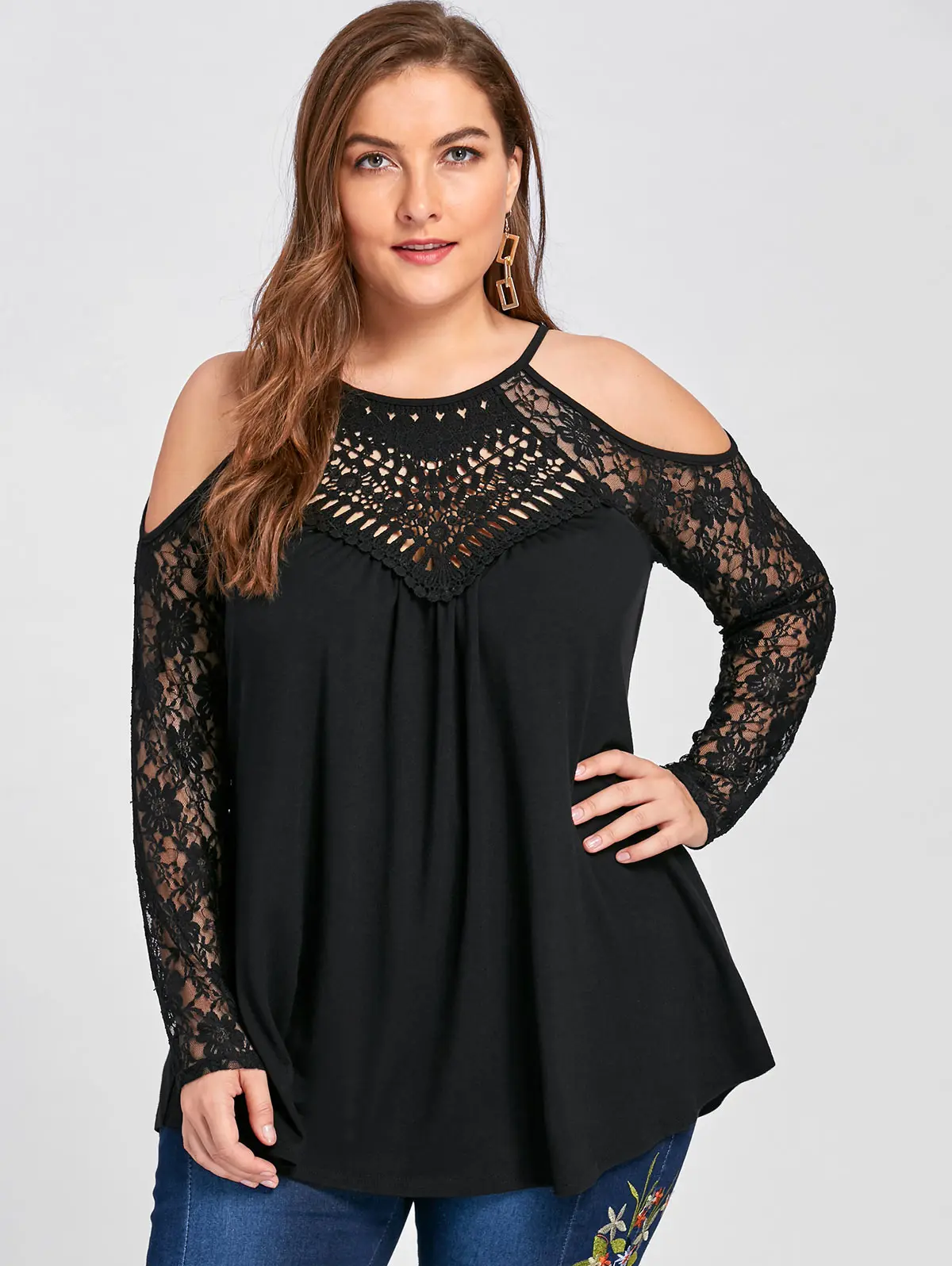Wipalo Plus Size 5XL Lace Trim V Neck Cold Shoulder Flowy Top Femme Crochet Vintage Shirt Women Summer 2017 Oversize|shirt women summer|women