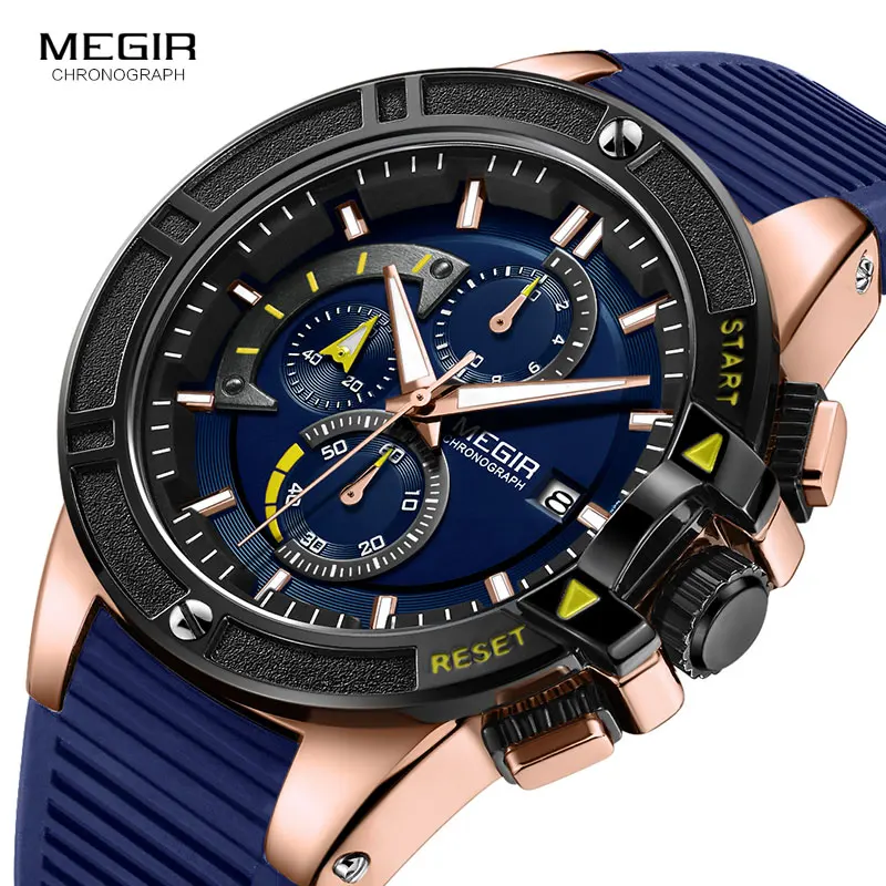 

MEGIR Men's Chronograph Sports Watches 2019 Top Brand Military Wristwatch Relogios Masculino Clock Relojes de Hombre 2095 Blue