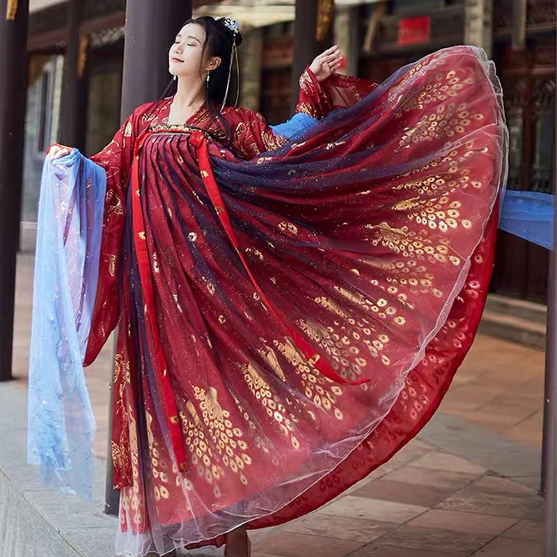 Сверкающий Красный Hanfu для женщин китайские костюмы с блестками косплея древних