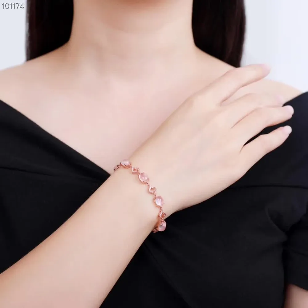 

fine jewelry gemstone factory wholesale 925 sterling silver natural quartz pink crystal adjustable bracelet for women