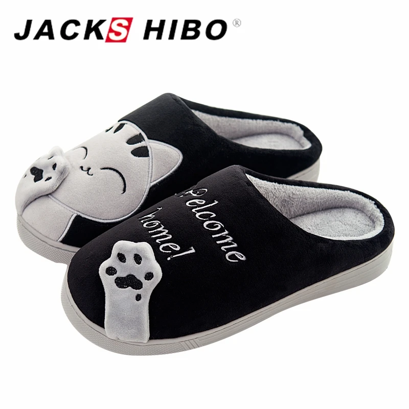 JACKSHIBO/мужские тапочки с рисунком кошки Зимние домашние плюшевой подкладкой