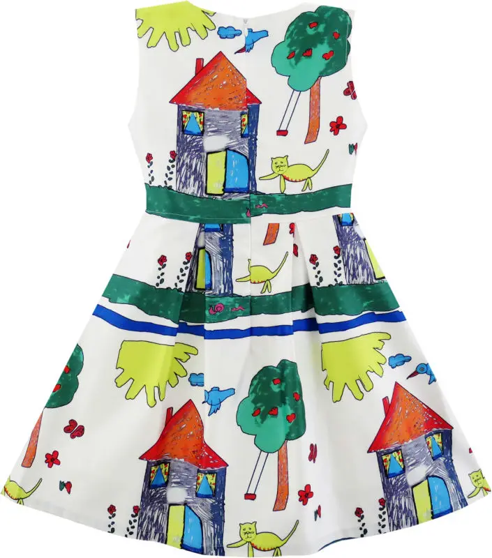 Sunny Fashion платья для девочек дом Дерево Кот Птица Вечеринка Sundress 2020 Лето Принцесса