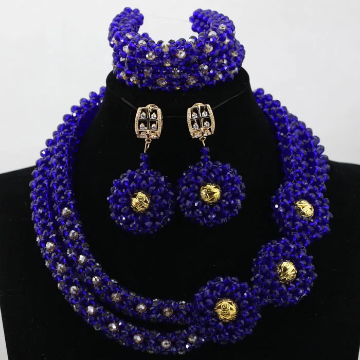 Latest African Jewelry Set Blue Mix Gold Nigerian Wedding Crystal Beads Necklaces Sets Free Shipping HX596 | Украшения и