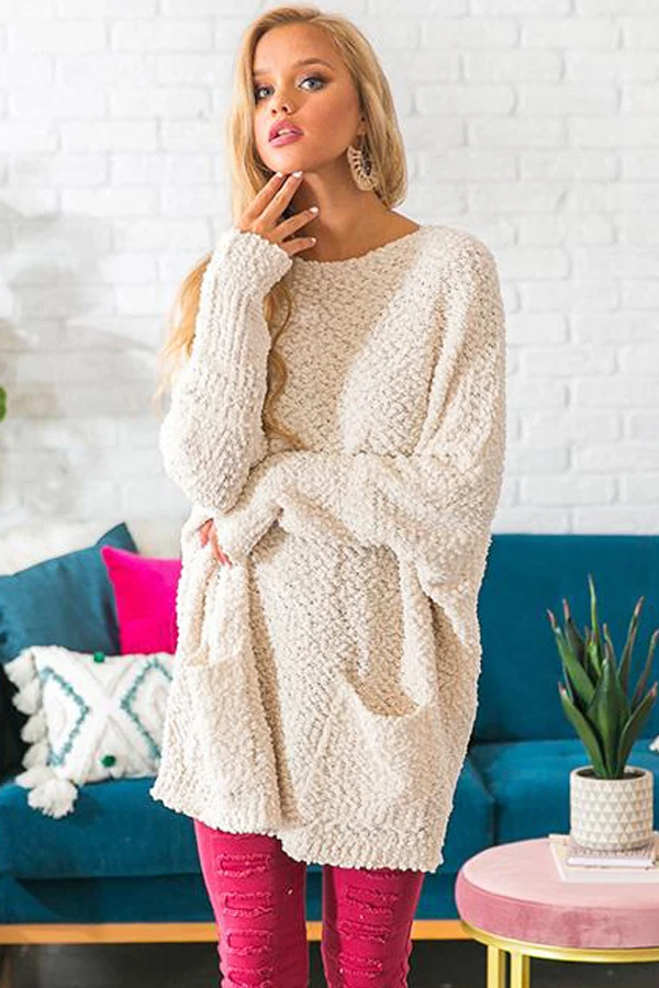Echoine Apricot/Gray/Red Winter Autumn Break Knit Tunic Sweater Women Casual O Neck Long Sleeve Loose Pockets Tops | Женская одежда