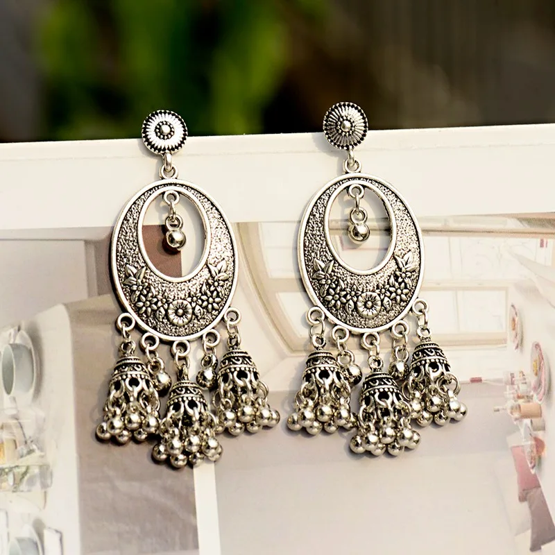 OIQUEI индийские ювелирные изделия Jhumka золотые Серебряные Колокольчики длинные