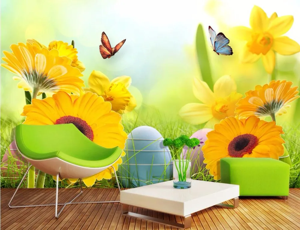 Настенные 3D обои на заказ рисунок с изображением подсолнуха бабочки домашний