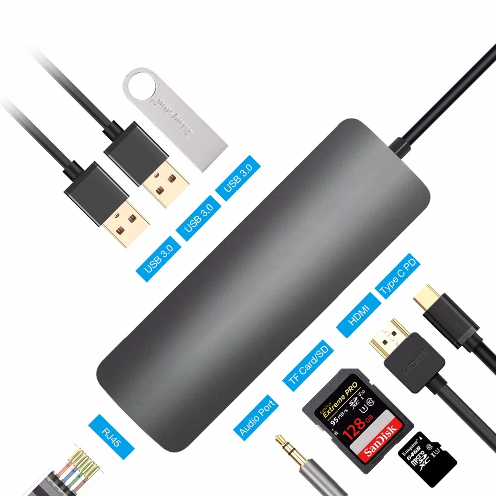 DZLST USB C концентратор к HDMI RJ45 Gigabit Ethernet Тип C PD Зарядка 4 к видео аудио для Macbook DELL Galaxy S9+/S8 9 в 1 usb-хаб