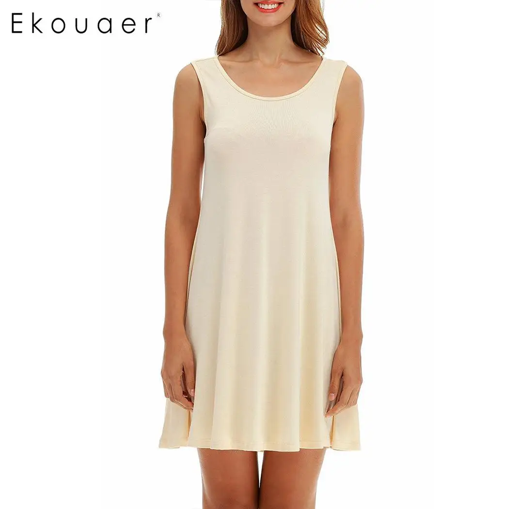 khaki Ekouaer женские сорочки Ночное платье летняя одежда для сна с круглым вырезом без рукавов Свободный однотонный жилет ночная рубашка женские мягкие Спальные платья - Цвет: khaki