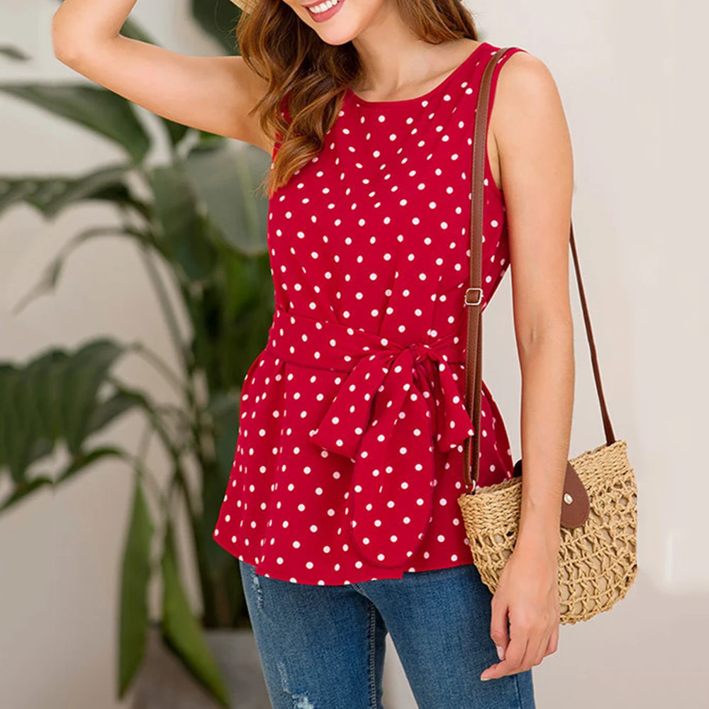 Женская блузка в французском стиле с круглым вырезом без рукавов принтом горошек