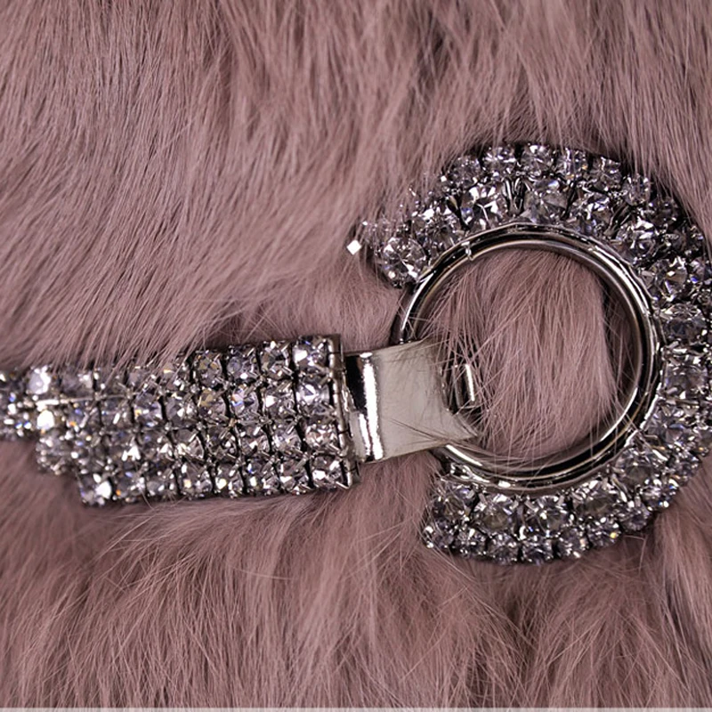 

Slim Design Crystal Stone Natural Rex Rabbit Fur Coats Outerwear Women's Real Fox Fur Collar Fashion Fur Jackets