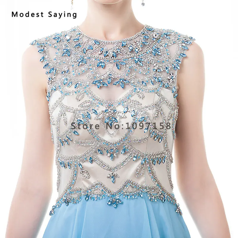 Женское прозрачное вечернее платье роскошное синее трапеция с круглым вырезом и