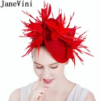 janevini fashion women fascinator hat bridal feathers flower red yellow party evening hats with hair pin wedding hat for women