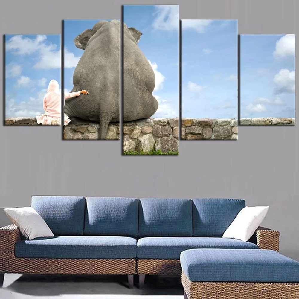 

Printing Painting 5 Pieces Sky Landscape Picture Elephants and Little Girls Sitting On The Rocks Poster Home Decor Bedroom Frame