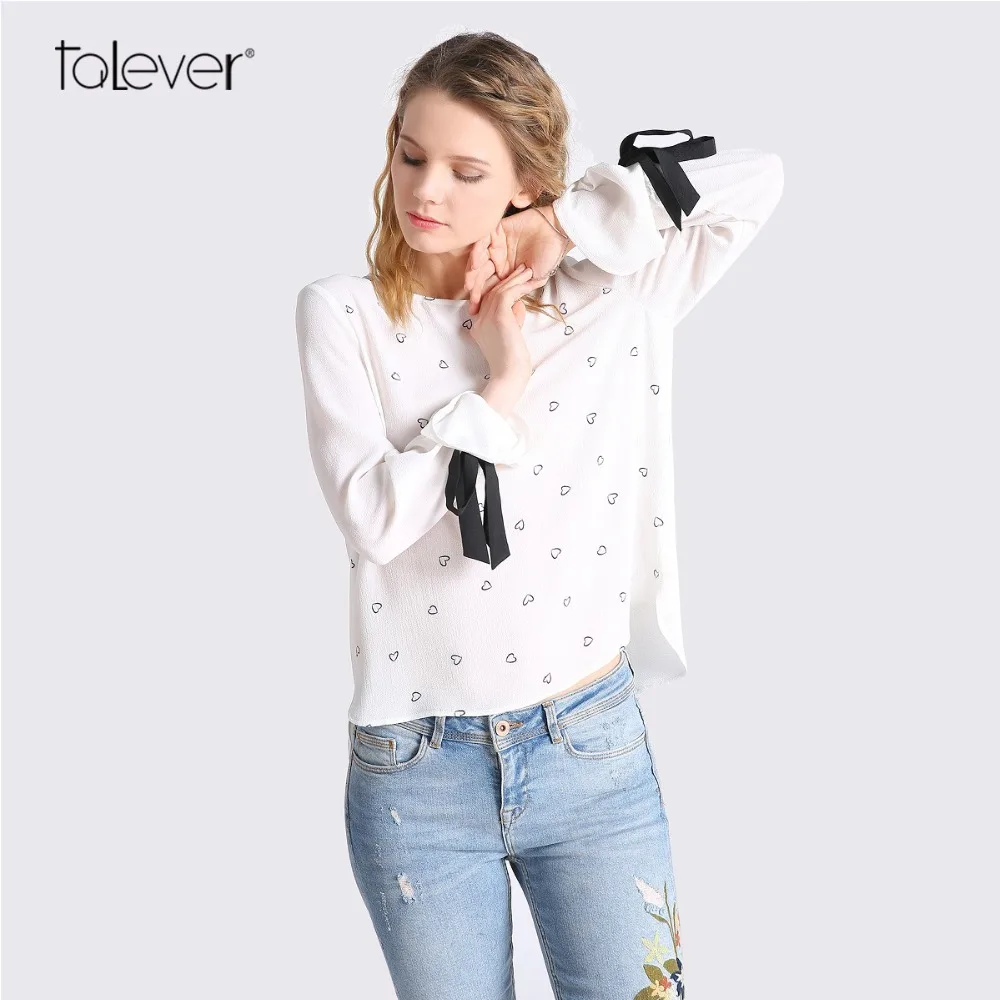 Women Fashion Chiffon Blouse Spring Casual Black Bow Ribbon Flare Sleeve Female Shirt Floral Printed White elegant Talever |
