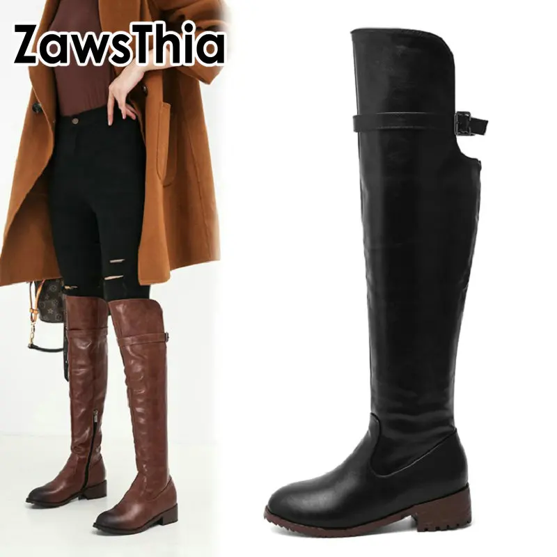 

Женские сапоги для верховой езды ZawsThia, черные/коричневые сапоги из искусственной кожи на низком массивном каблуке, Удобные Свободные сапог...