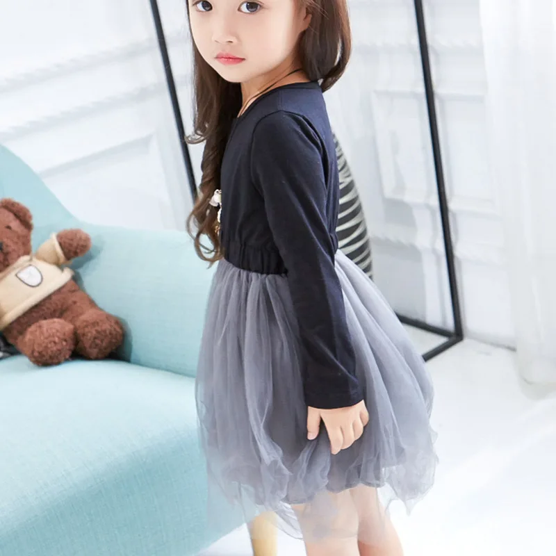 Girls Dress 2019 New Autumn Mesh Kids Clothes Casual Long Sleeve Party Princess Cute Patchwork For 3-7 Years Teenage | Детская одежда и