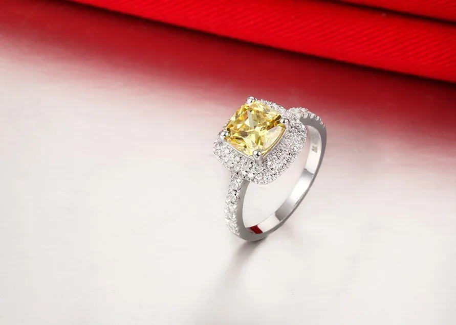 

1CT Cushion Cut 18K White Gold Ring Yellow Diamond Au750 White Gold Female Colorful Stone Wedding Finger Ring