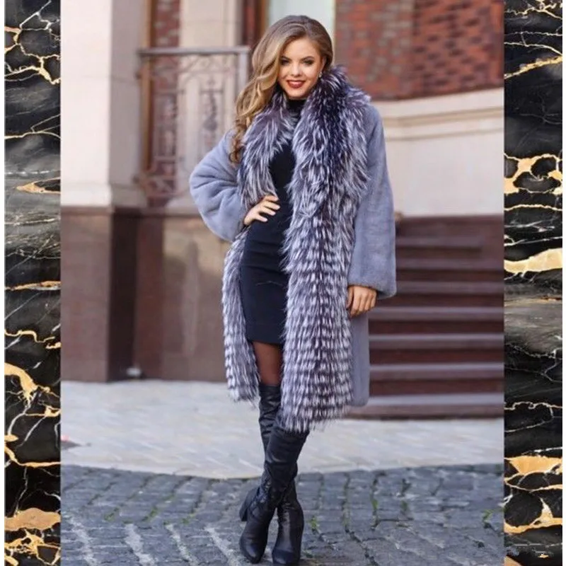 BFFUR Fashion Women Real Mink Fur Coat With Sliver Fox Fur Collar Long Natural Genuine Mink Fur Jacket Winter Woman Outwear 2019
