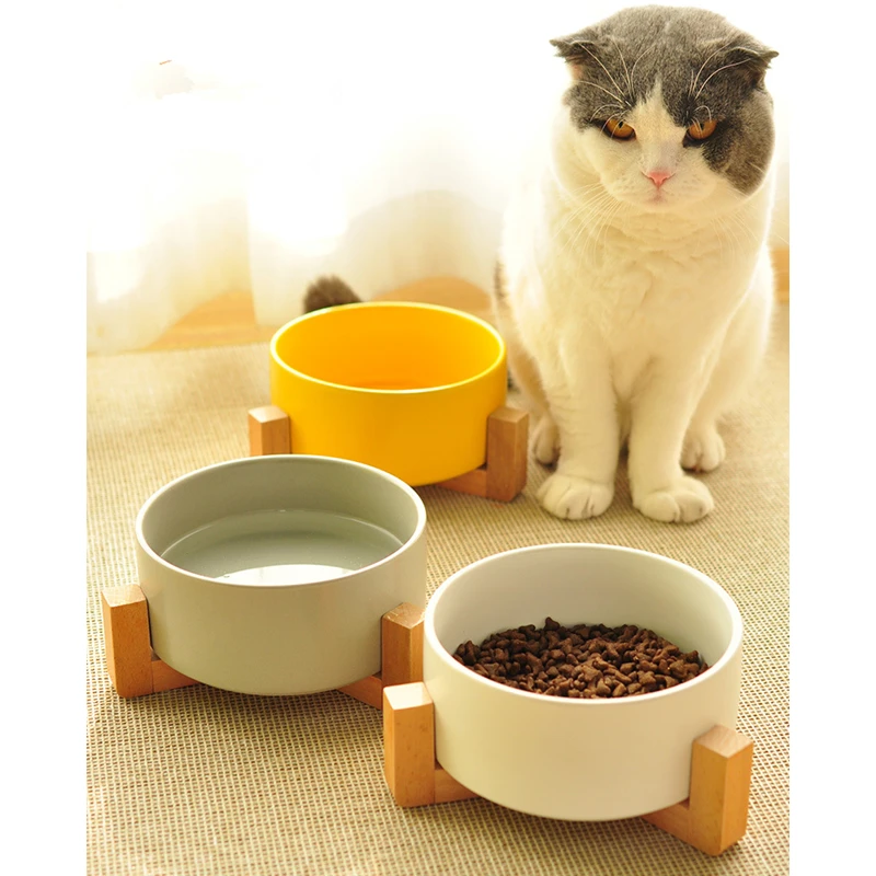 

Pet Supplies Pet Feeder Cat Bowl Small Dog Cutlery Cat Bowl Ceramic Bowl Solid Wood Frame Strong Easy To Clean
