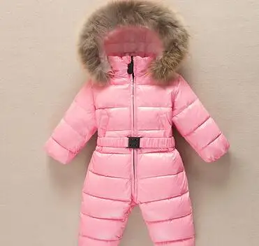 Pink Зимние детские комбинезоны с капюшоном и большим воротником из меха енота, зимние теплые детские комбинезоны для младенцев на 90% белом утином пуху, лыжные костюмы - Цвет: Pink