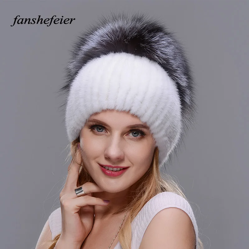Женская вязаная шапка Fanshefeier теплая зимняя из натурального меха норки|Женские